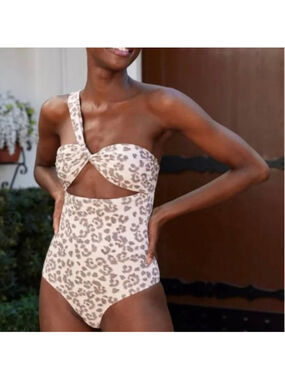 Women's Aerie One Piece Cheeky Swimsuit M White Brown Leopard Print